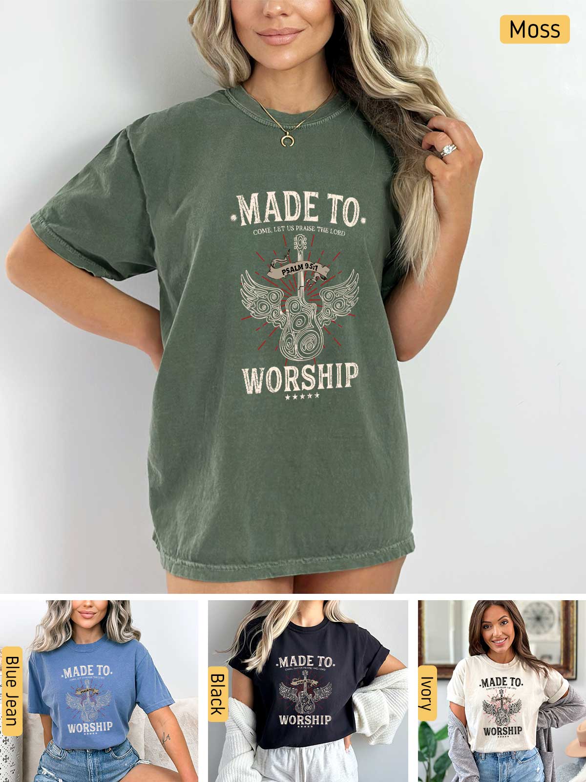 a woman wearing a t - shirt that says made to worship