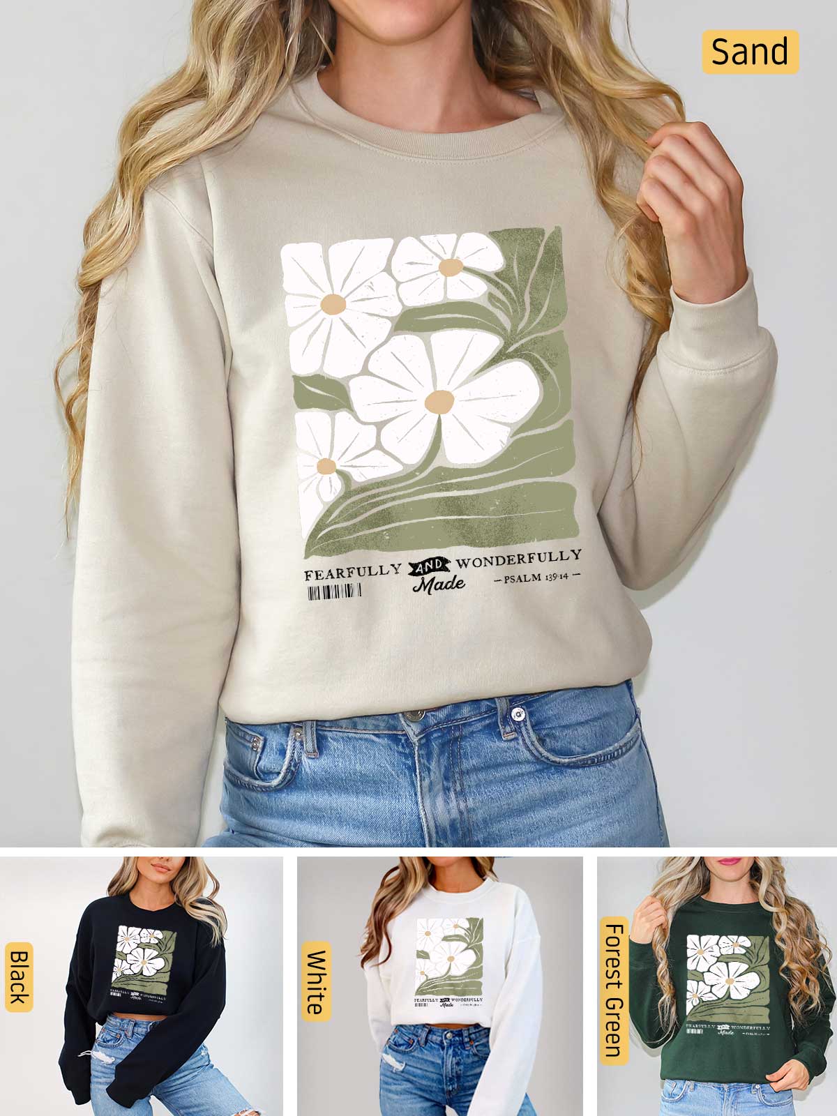 a woman wearing a sweatshirt with flowers on it