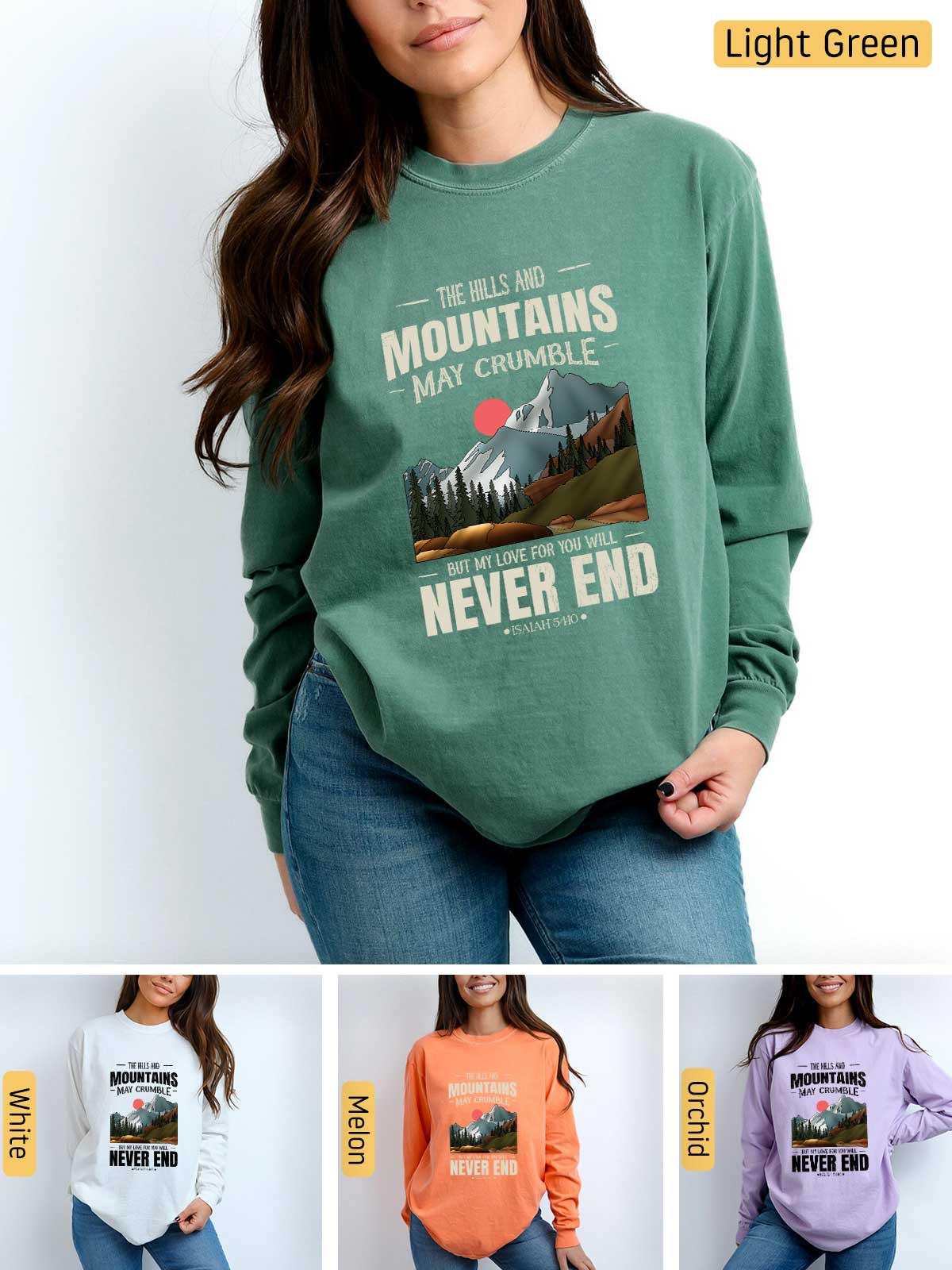 a woman wearing a sweatshirt that says the mountains may be never end