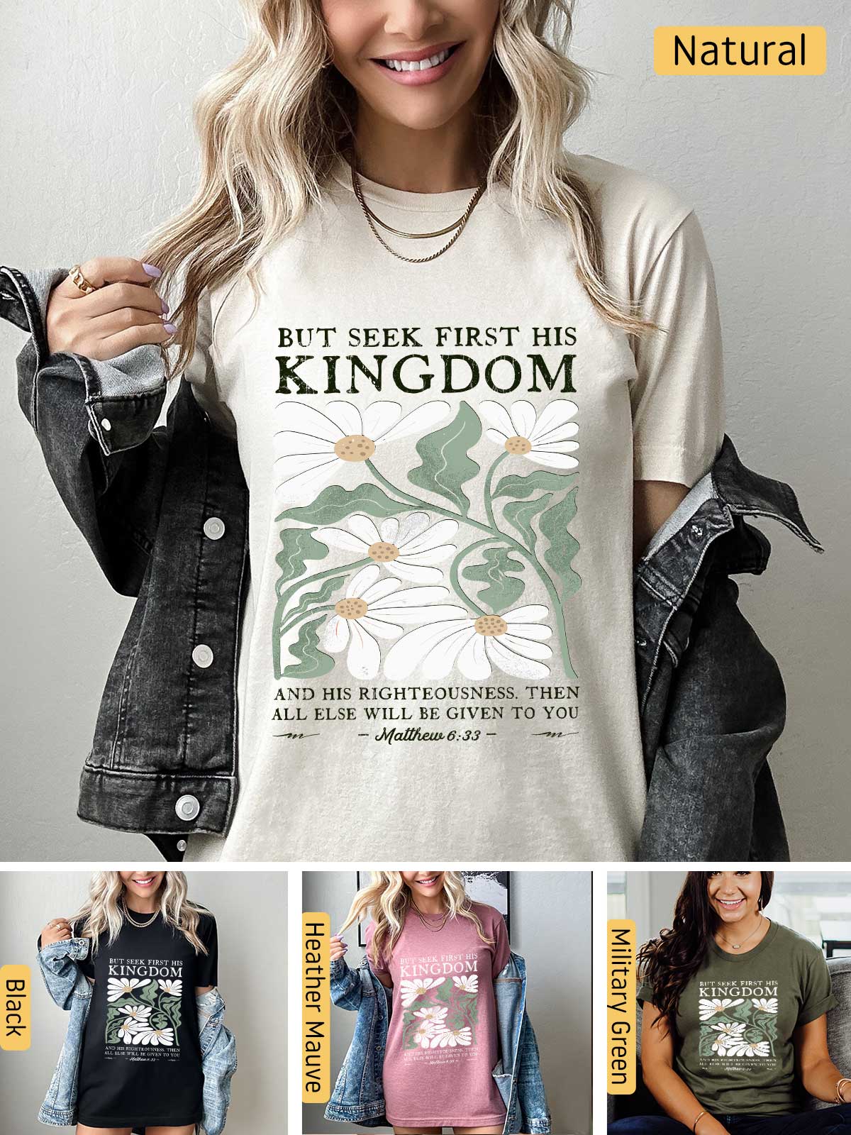 a woman wearing a t - shirt that says but seek first his kingdom