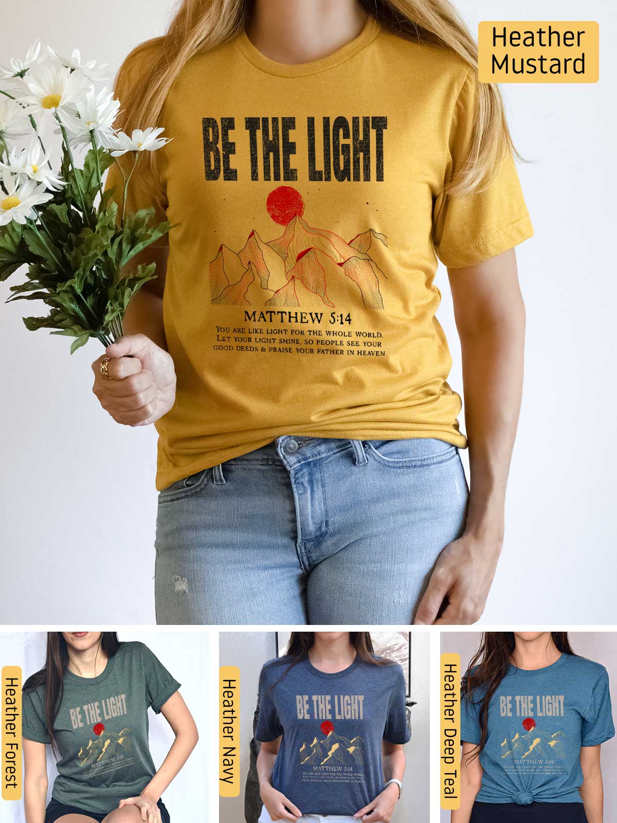 a woman wearing a t - shirt that says be the light