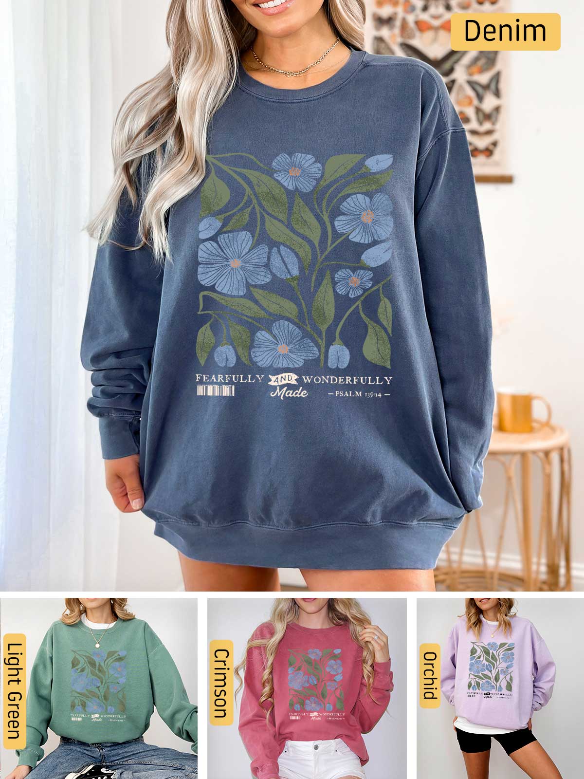 a woman wearing a sweatshirt with flowers on it