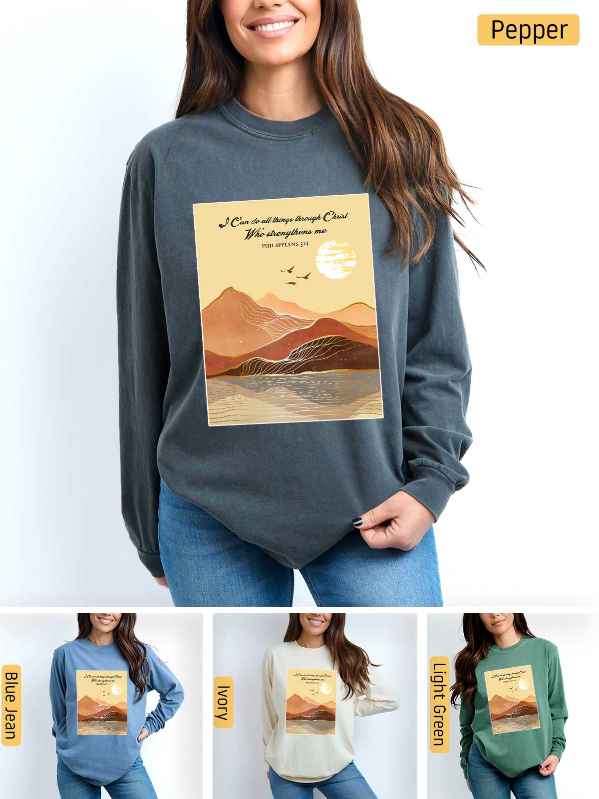 a woman wearing a sweatshirt with a picture of a mountain