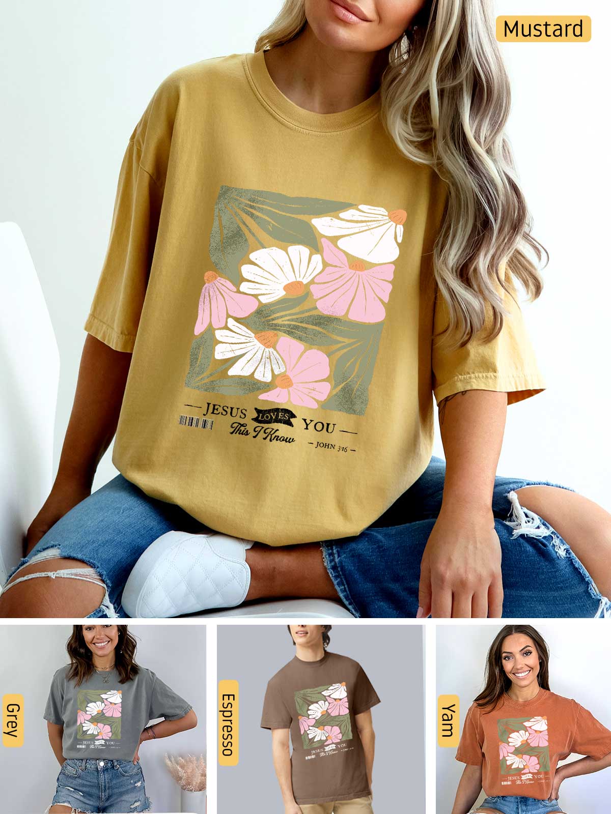 a woman sitting on a chair wearing a t - shirt with flowers on it