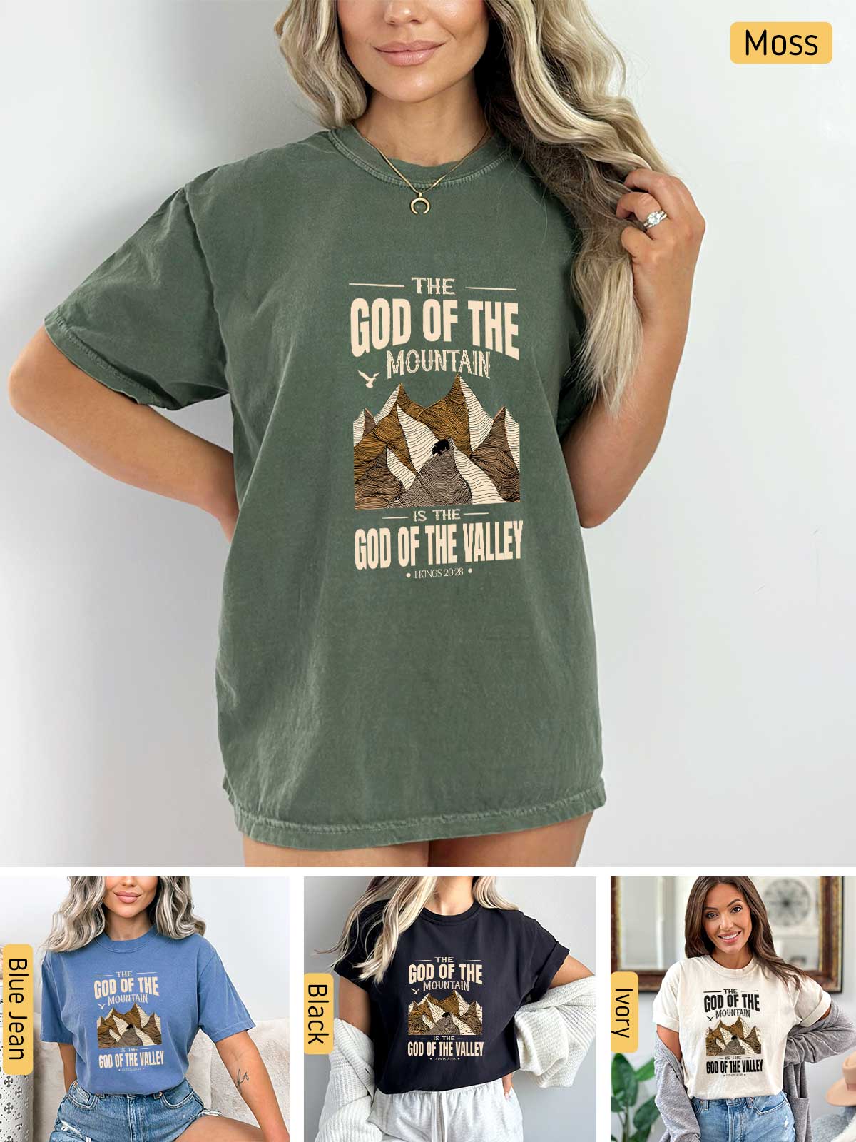 a woman wearing a t - shirt that says god of the mountain