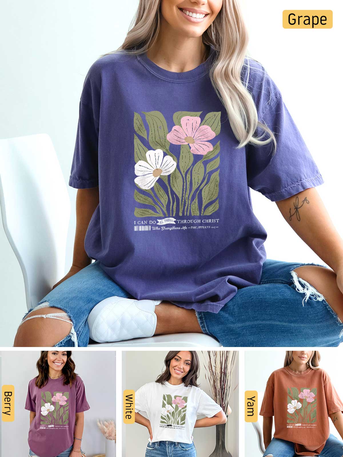 a woman wearing a t - shirt with flowers on it