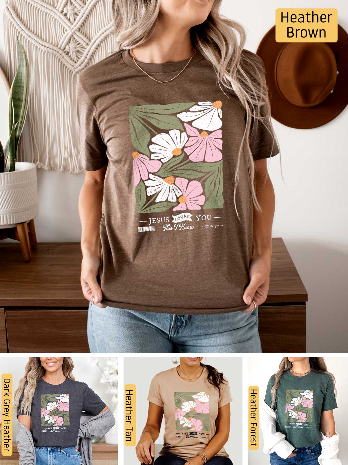 a woman wearing a t - shirt with flowers on it