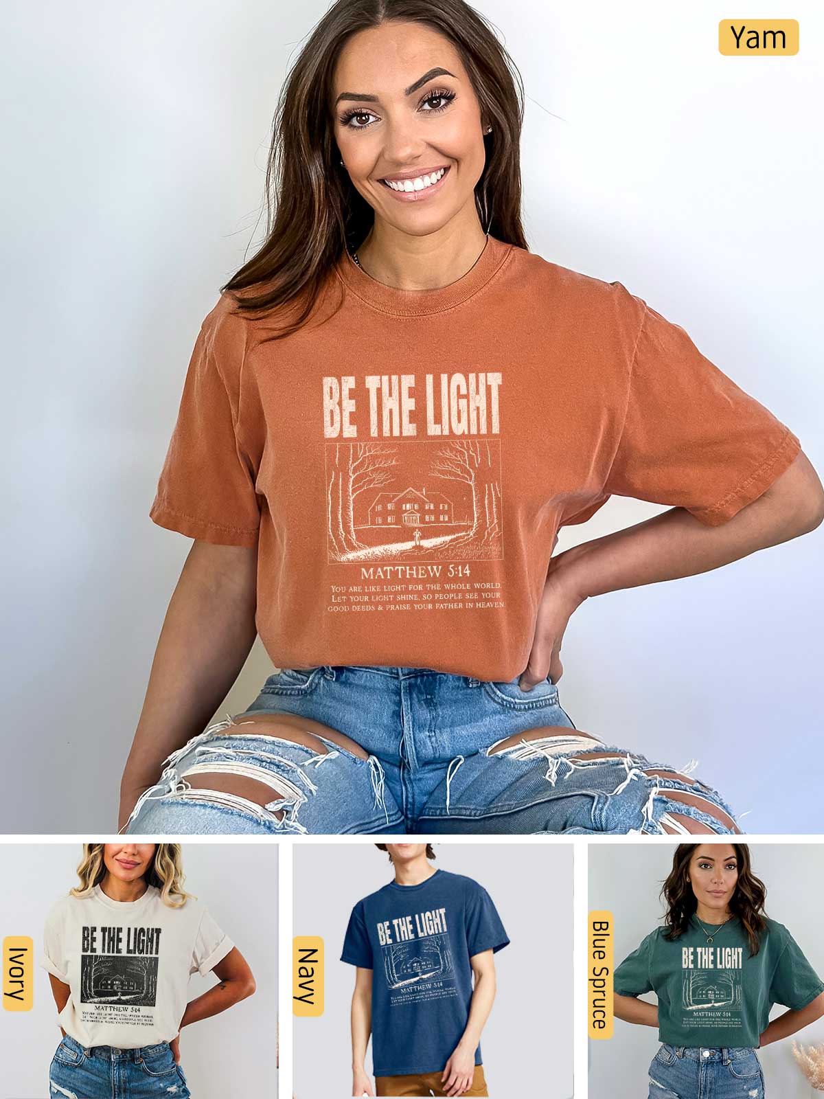 a woman wearing a t - shirt that says be the light