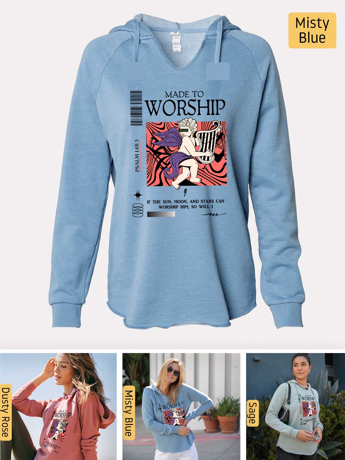 a woman wearing a blue hoodie with a picture of a woman on it