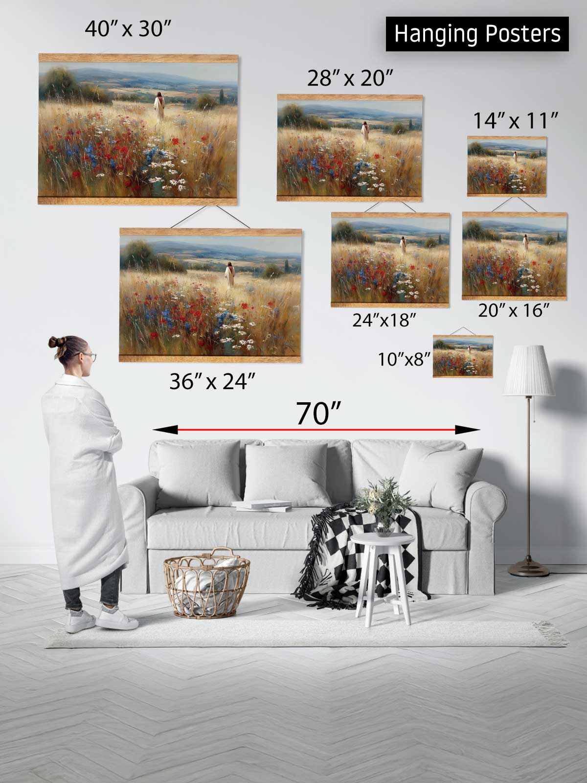 The image is a collage of various sizes of paintings or posters, each depicting a different landscape, including a field with flowers and a person walking. The paintings are arranged on a wall, and a person is standing in front of the wall, likely observing or admiring the artwork.