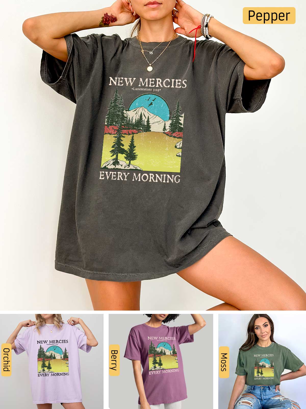 a woman wearing a new mercies every morning t - shirt