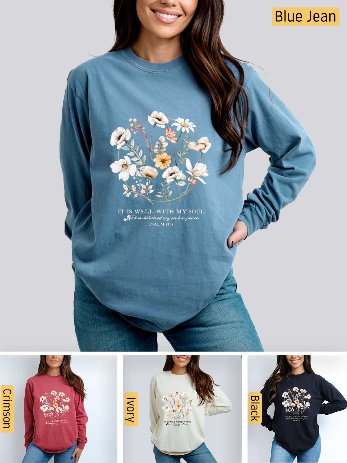 a woman wearing a blue jean sweatshirt with flowers on it