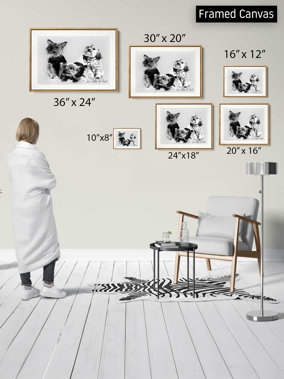 a person standing in a room, looking at a collection of framed black and white photographs of dogs. The photographs vary in size, with some being larger and others smaller, and are arranged on the wall in a grid-like pattern.