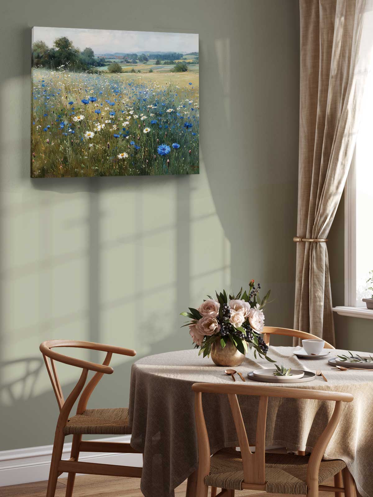 a serene dining room with a table set for two, featuring a vase of flowers and a painting of a field of wildflowers hanging on the wall.