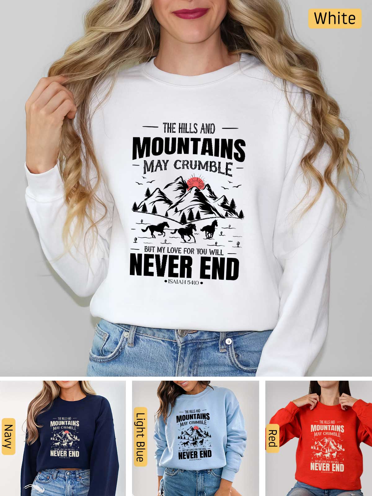 a woman wearing a sweatshirt that says the hills and mountains may crumble never end