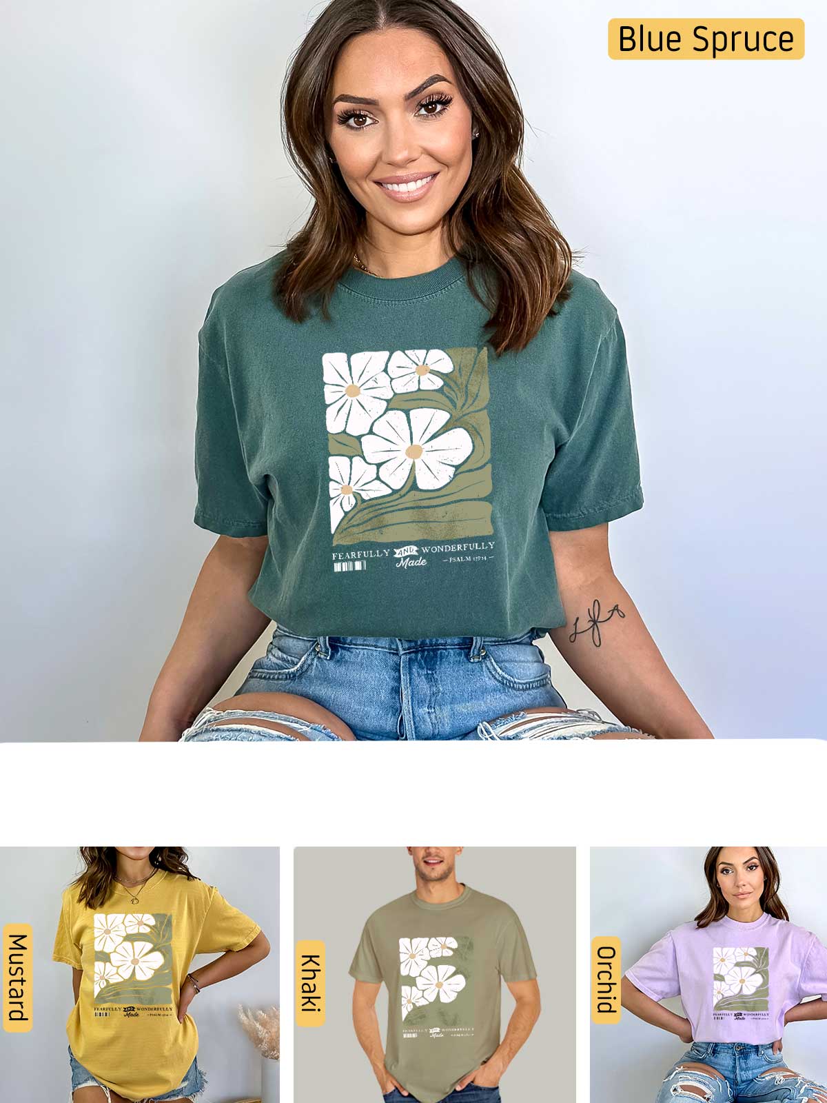 a woman wearing a t - shirt with flowers on it