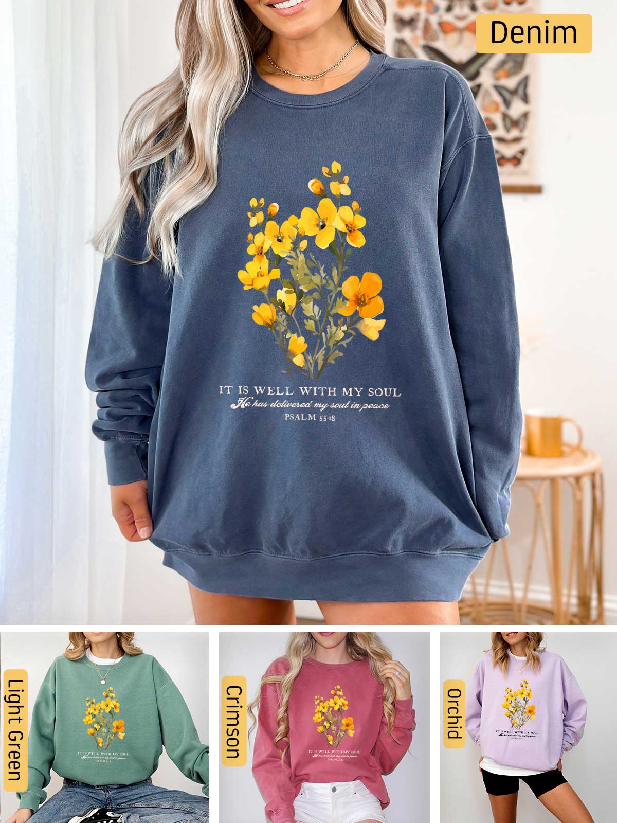 a woman wearing a sweatshirt with flowers on it