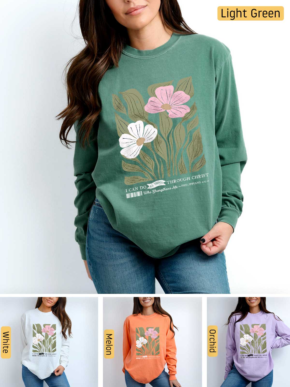 a woman wearing a sweatshirt with flowers on it