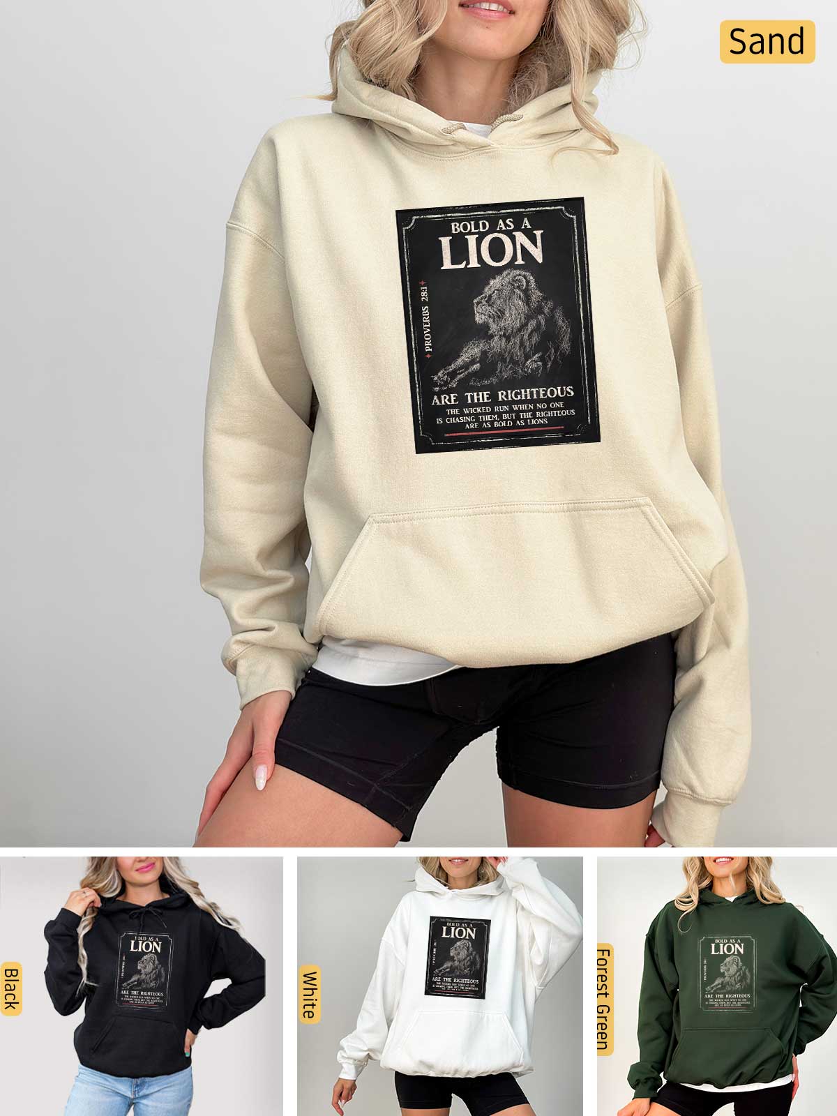 a woman wearing a lion sweatshirt and shorts