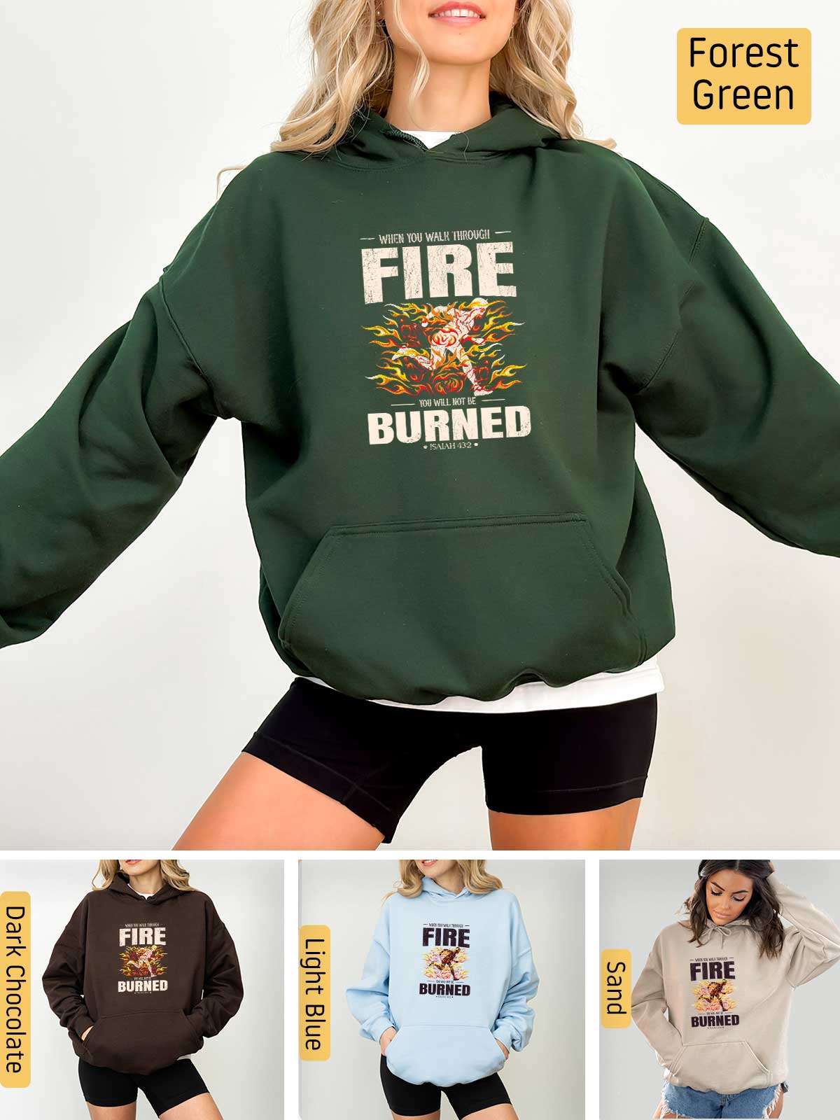 a woman wearing a fire burned hoodie and shorts