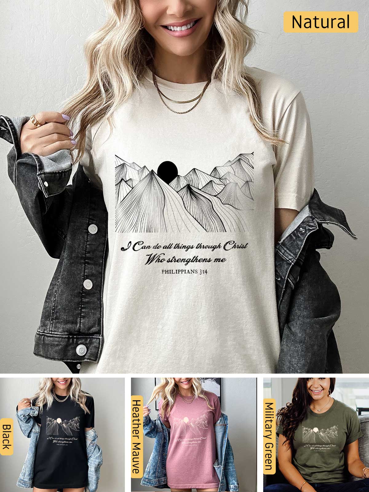 a woman wearing a t - shirt with a picture of mountains on it