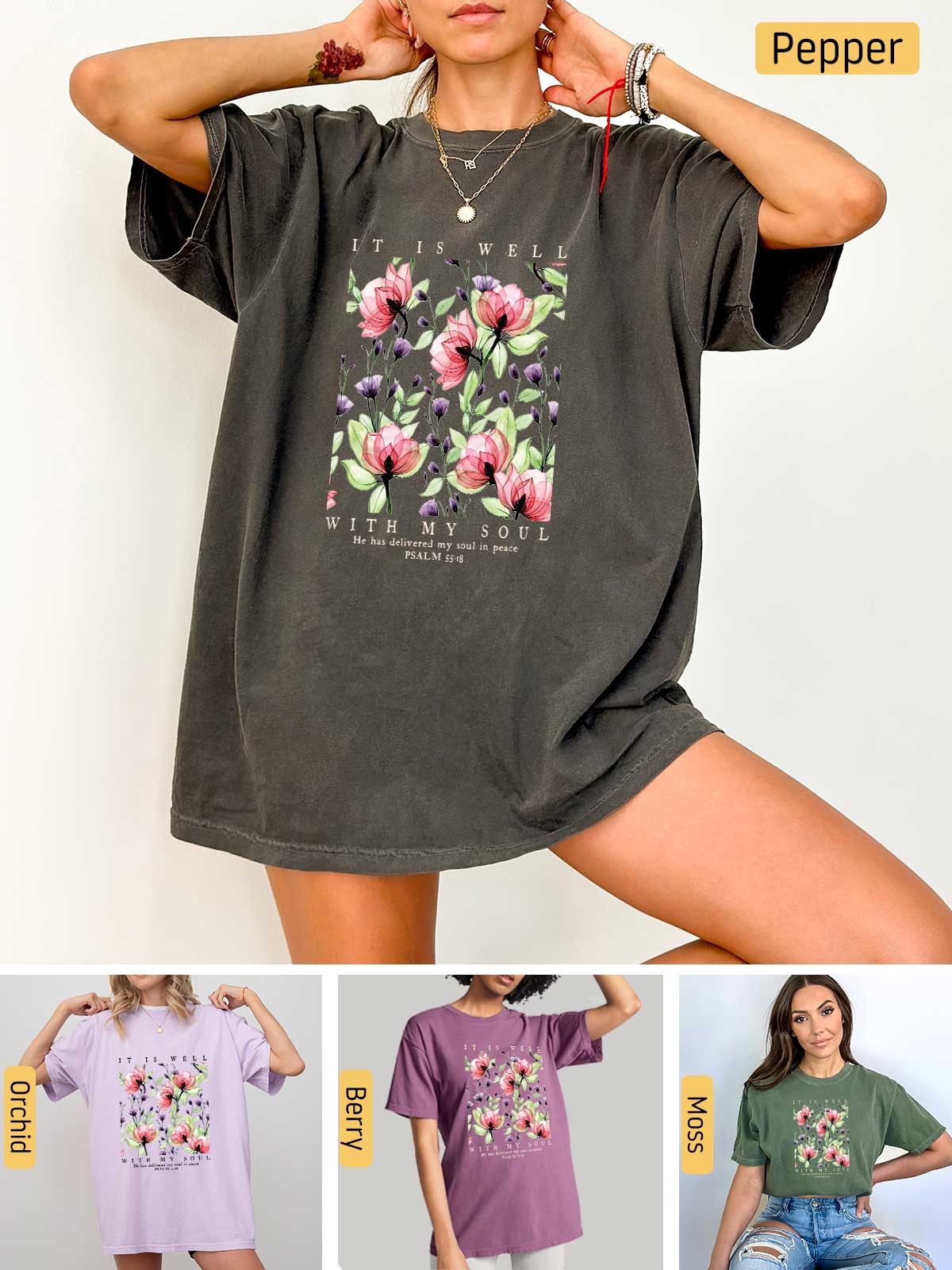 a woman wearing a t - shirt with flowers on it