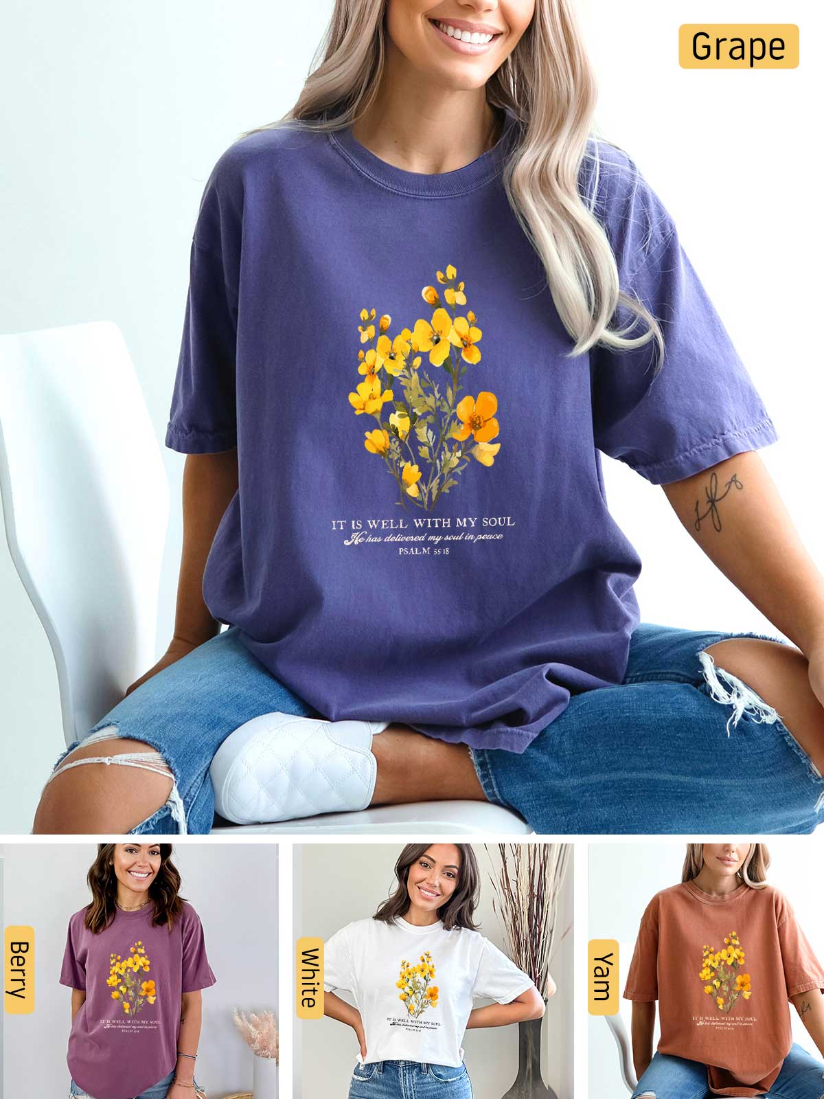 a woman wearing a t - shirt with flowers on it