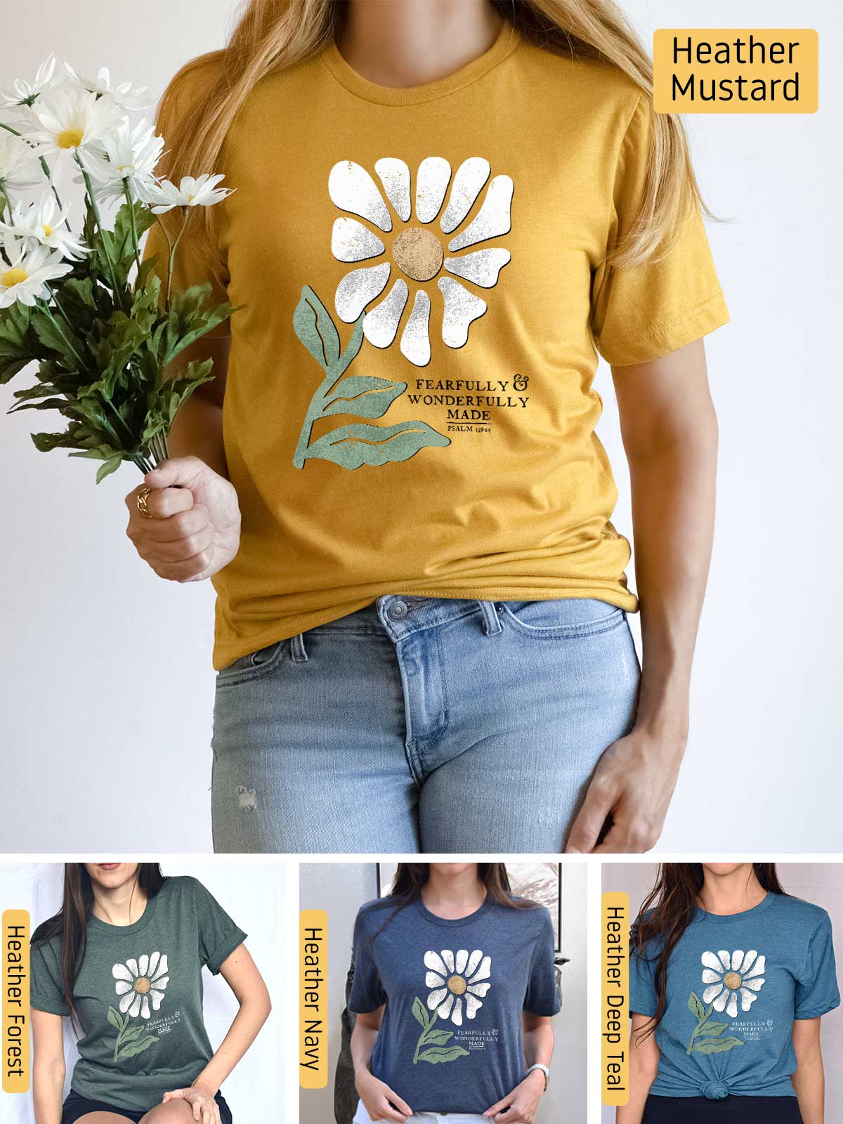 a woman wearing a t - shirt with a flower on it