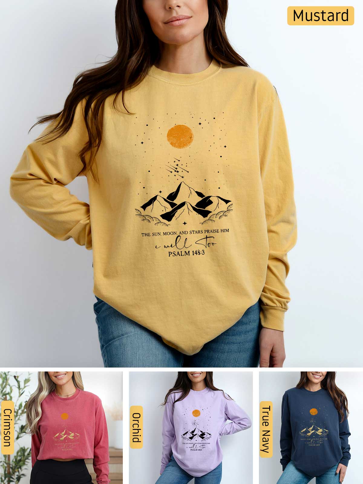 a woman wearing a sweatshirt with a mountain scene on it