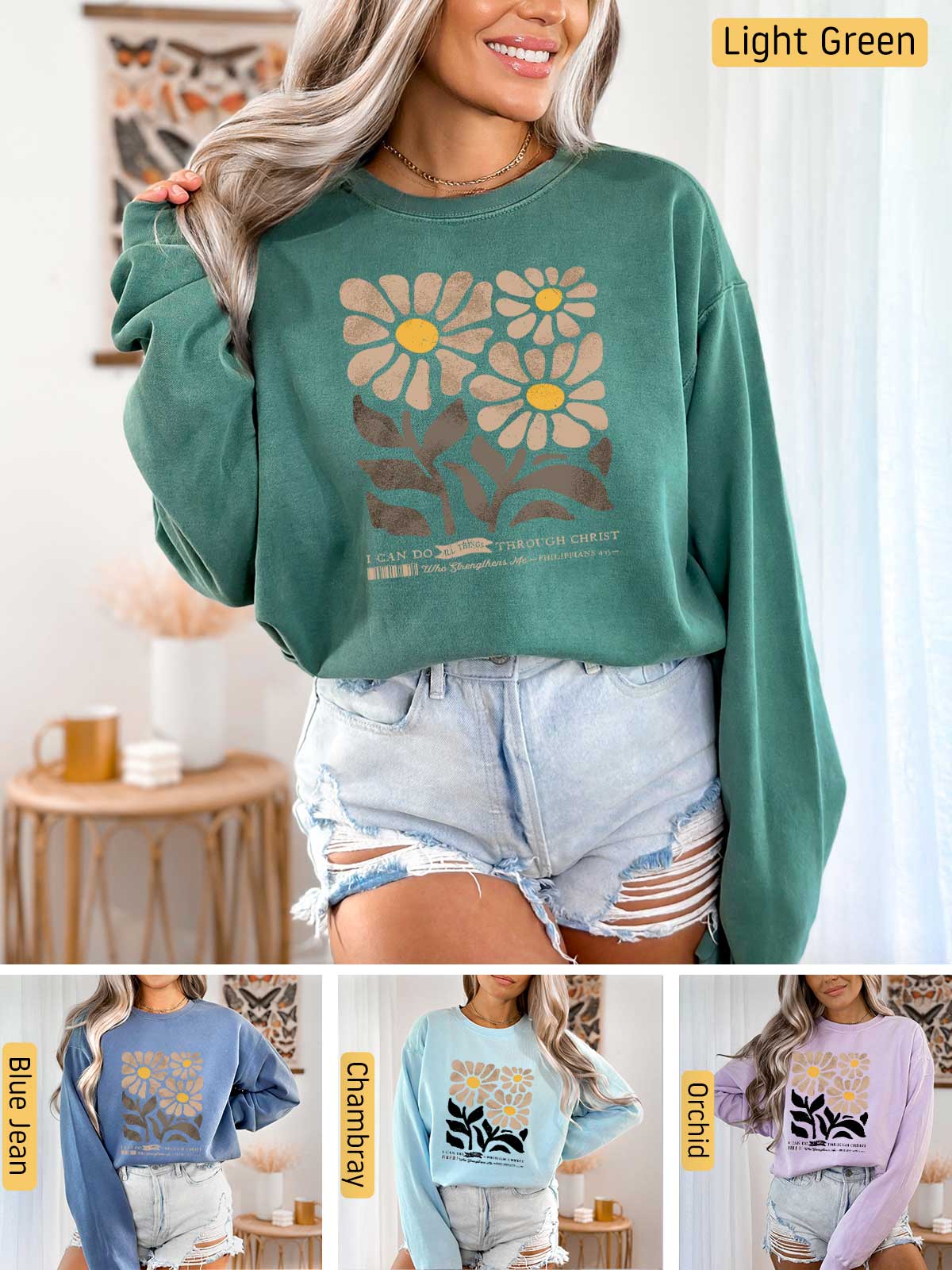 a woman wearing a green sweatshirt with flowers on it