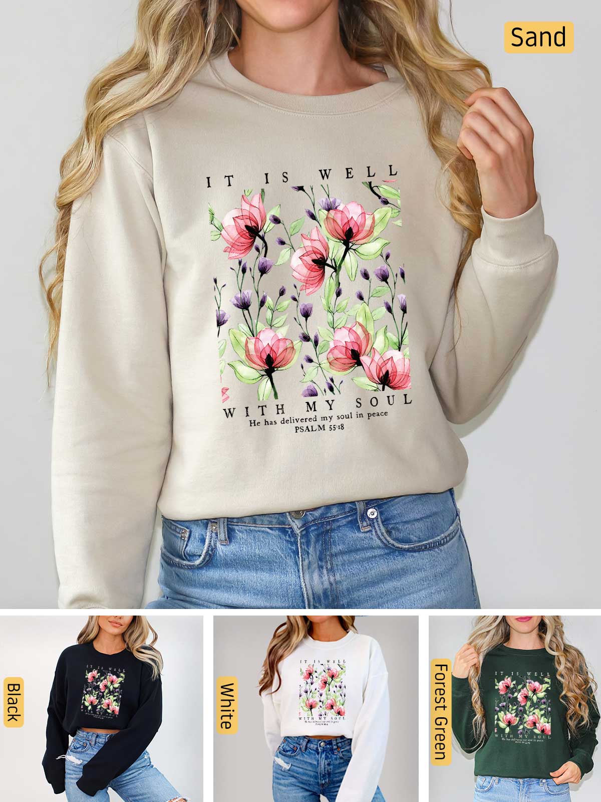 a woman wearing a sweatshirt with flowers on it