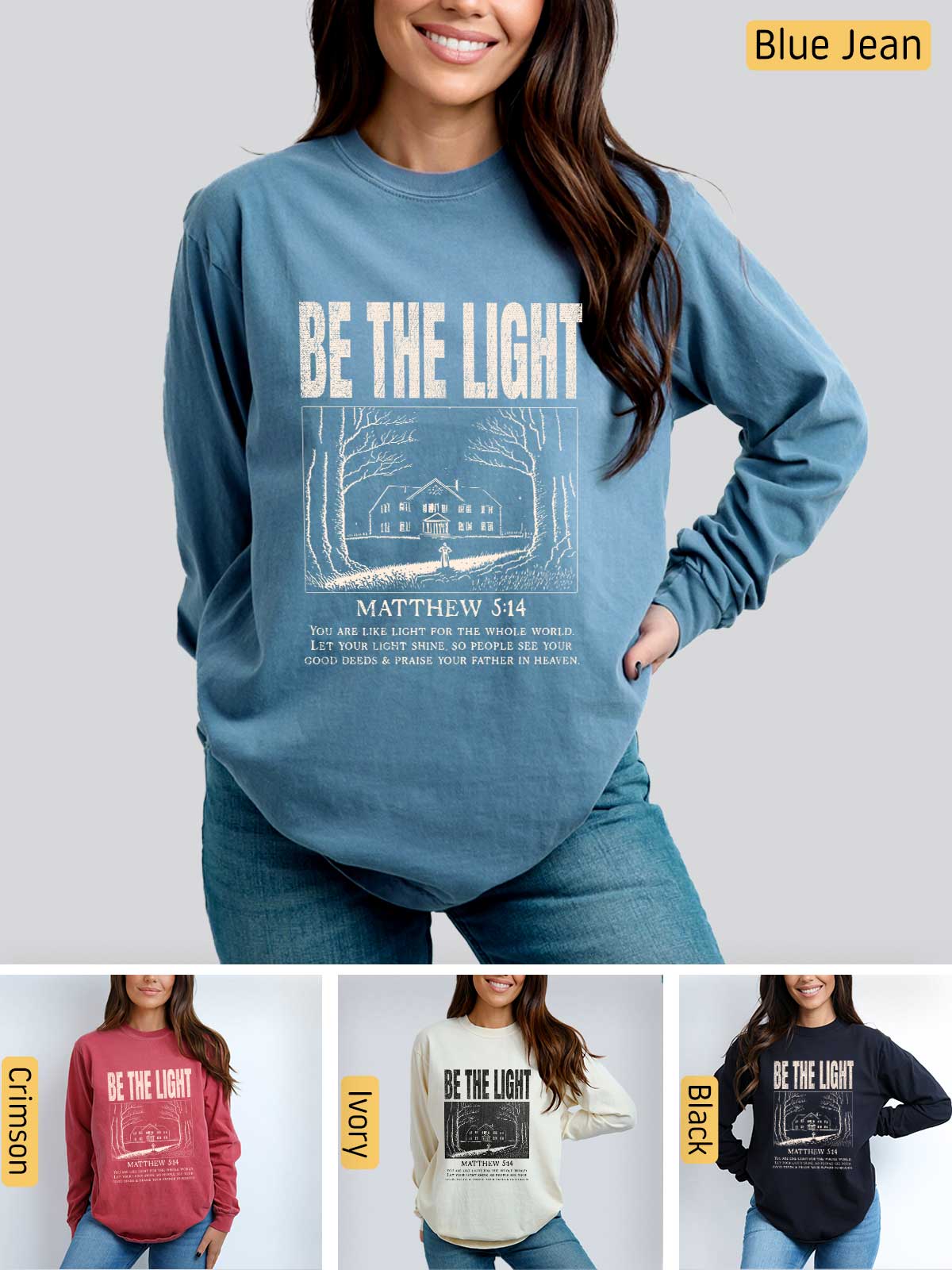 a woman wearing a blue sweatshirt with the words be the light on it