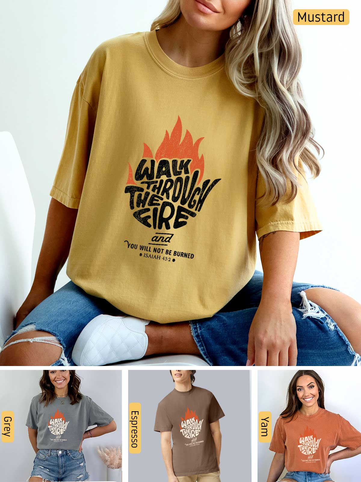 a woman wearing a t - shirt that says walk through the fire