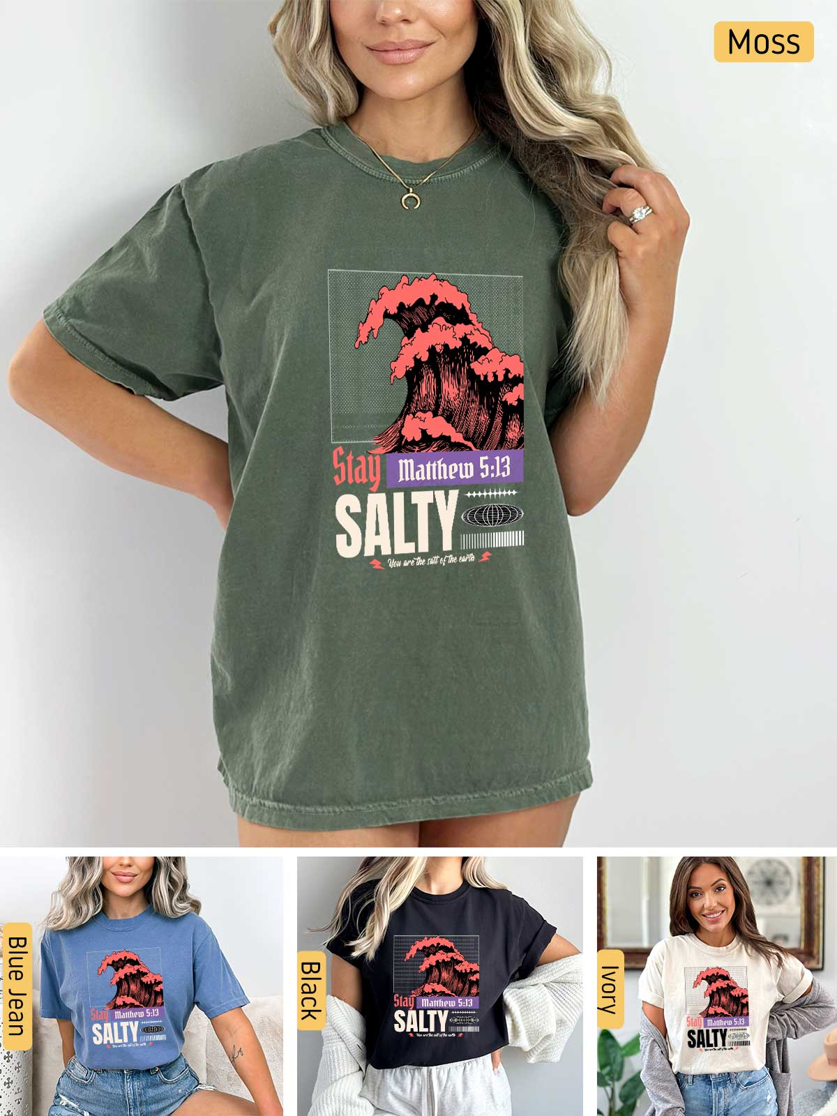 a woman wearing a t - shirt that says salty