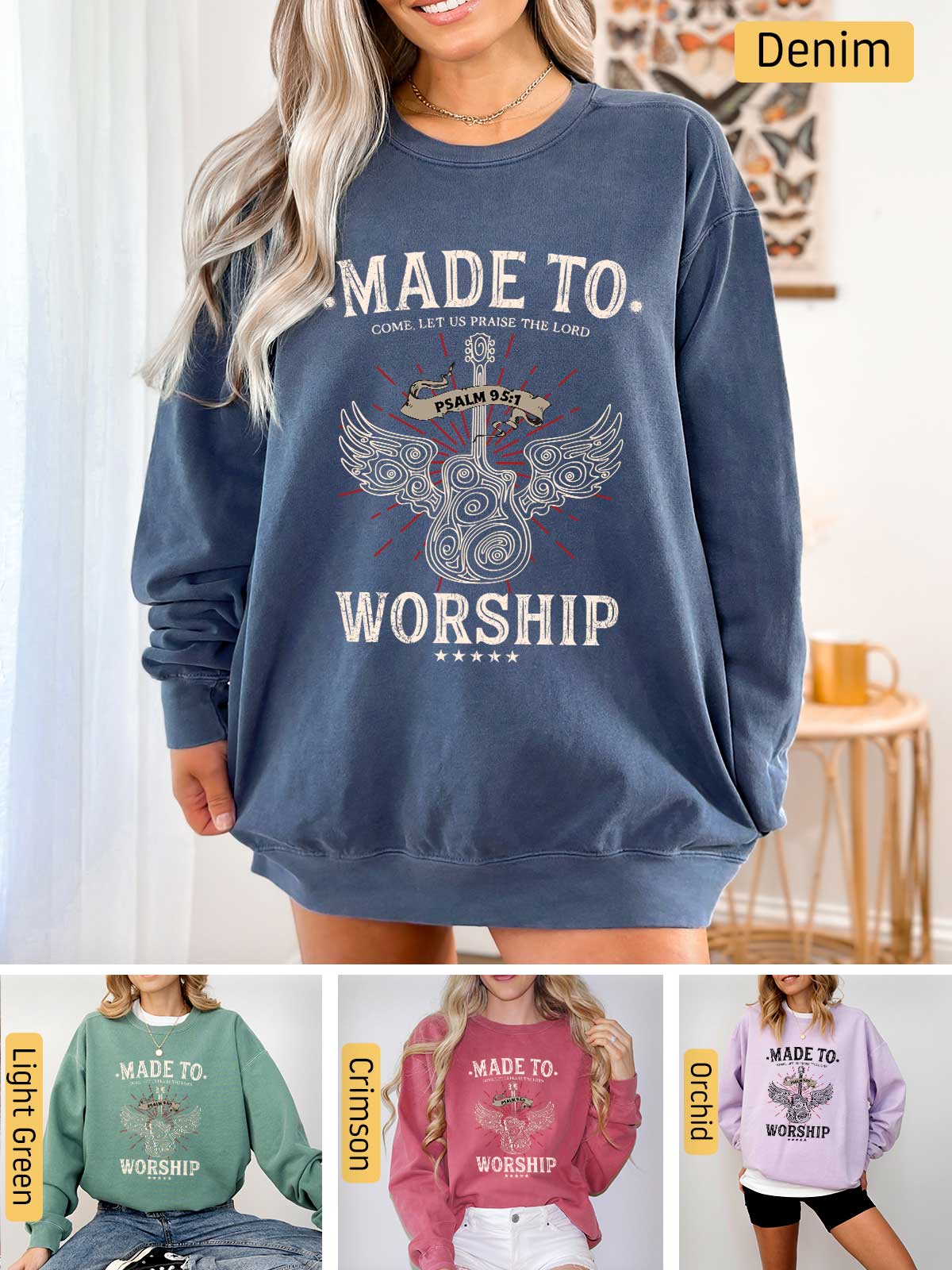 a woman wearing a sweatshirt that says made to worship