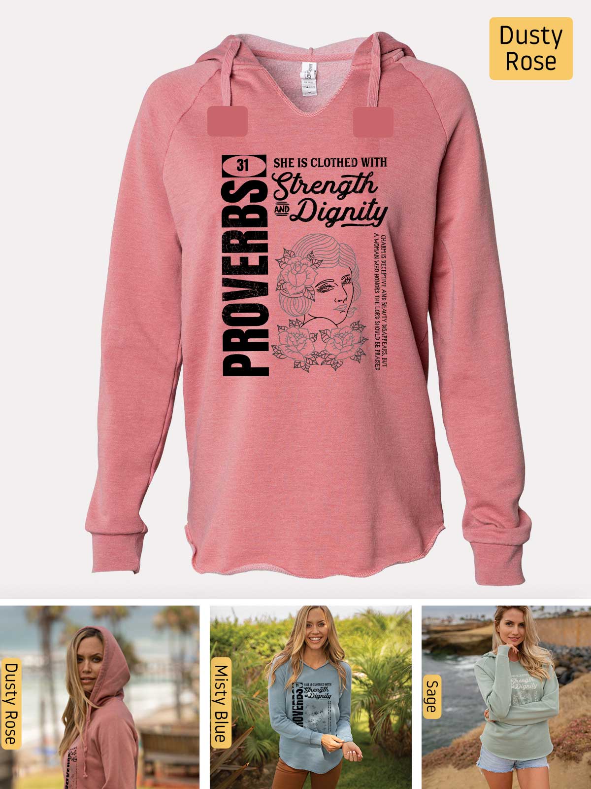 a pink hoodie with a picture of a woman in the background