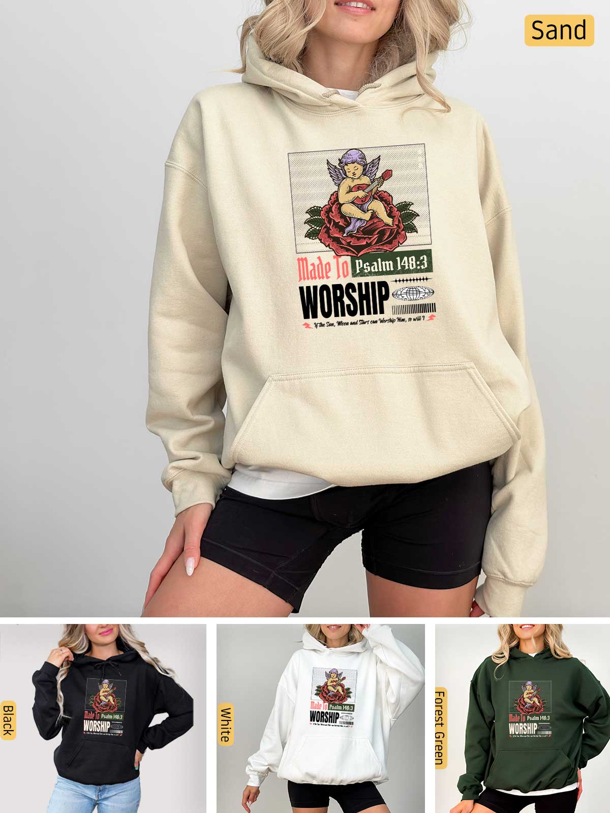 a woman wearing a sweatshirt with the words worship on it