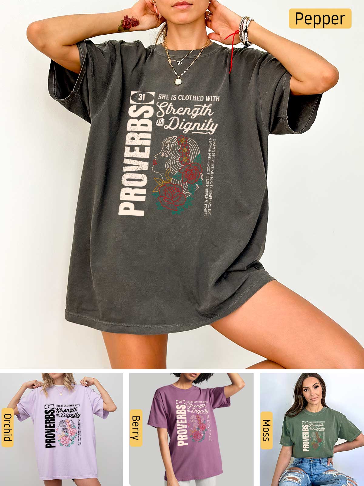 a collage of photos of a woman wearing a t - shirt