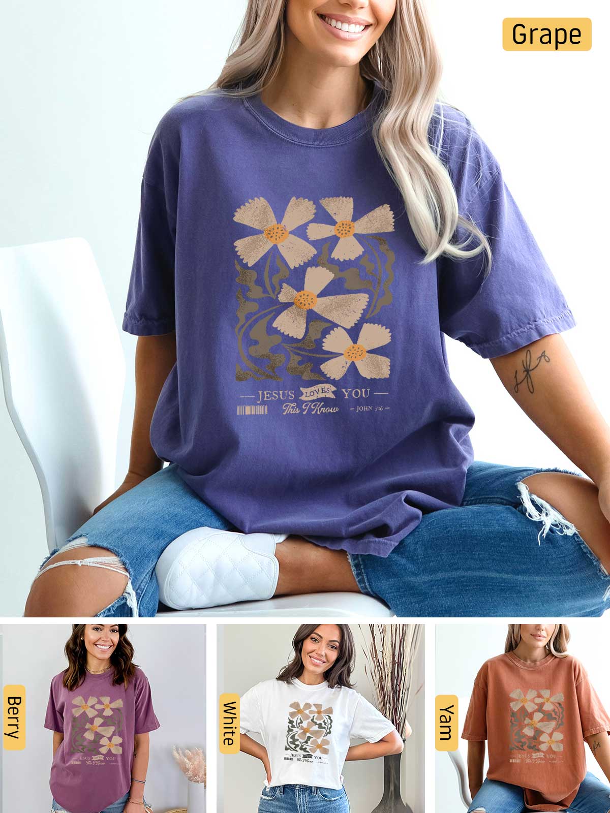 a woman wearing a t - shirt with flowers on it