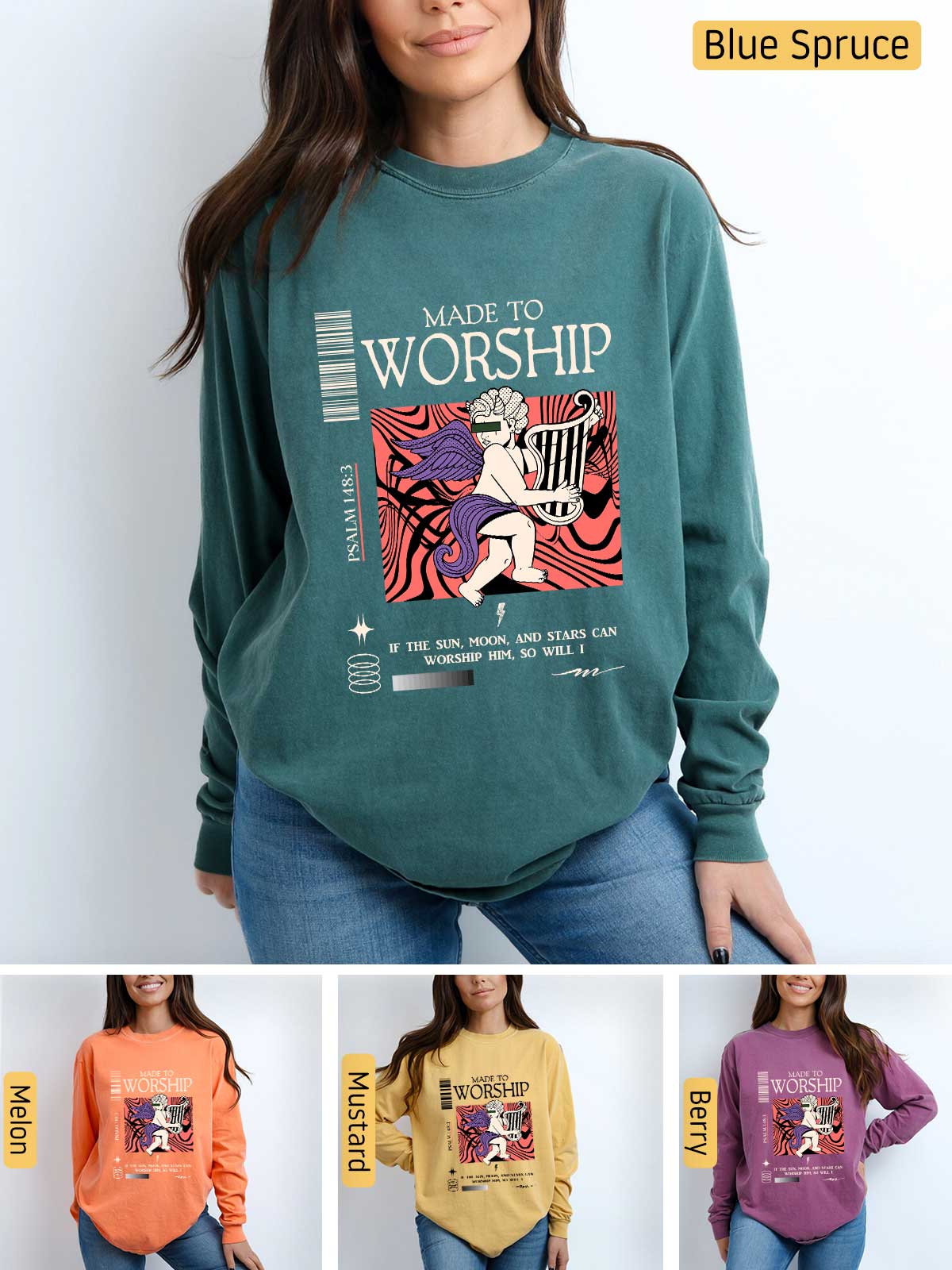 a woman wearing a sweatshirt with the words made to worship on it