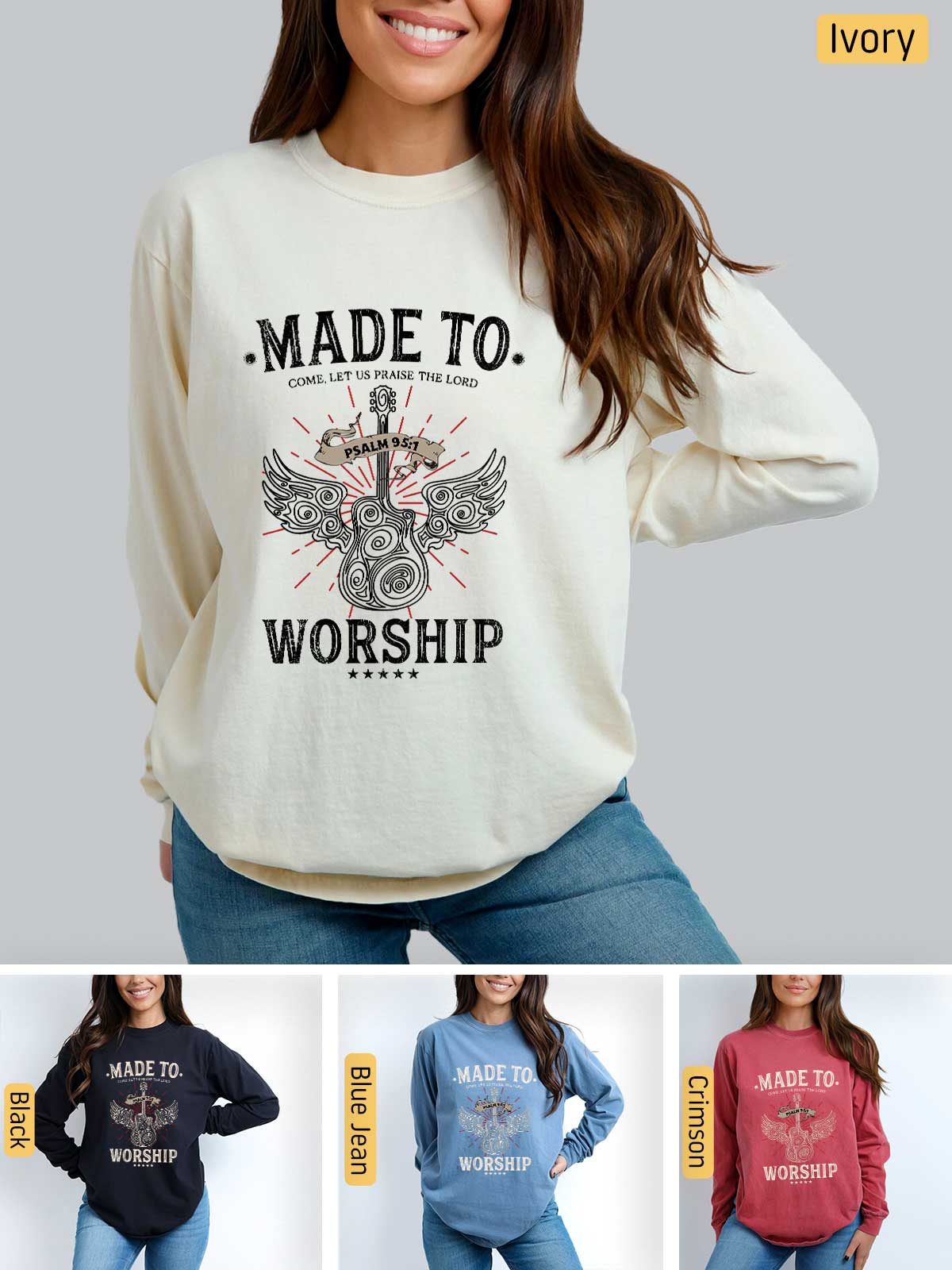 a woman wearing a sweatshirt that says made to worship