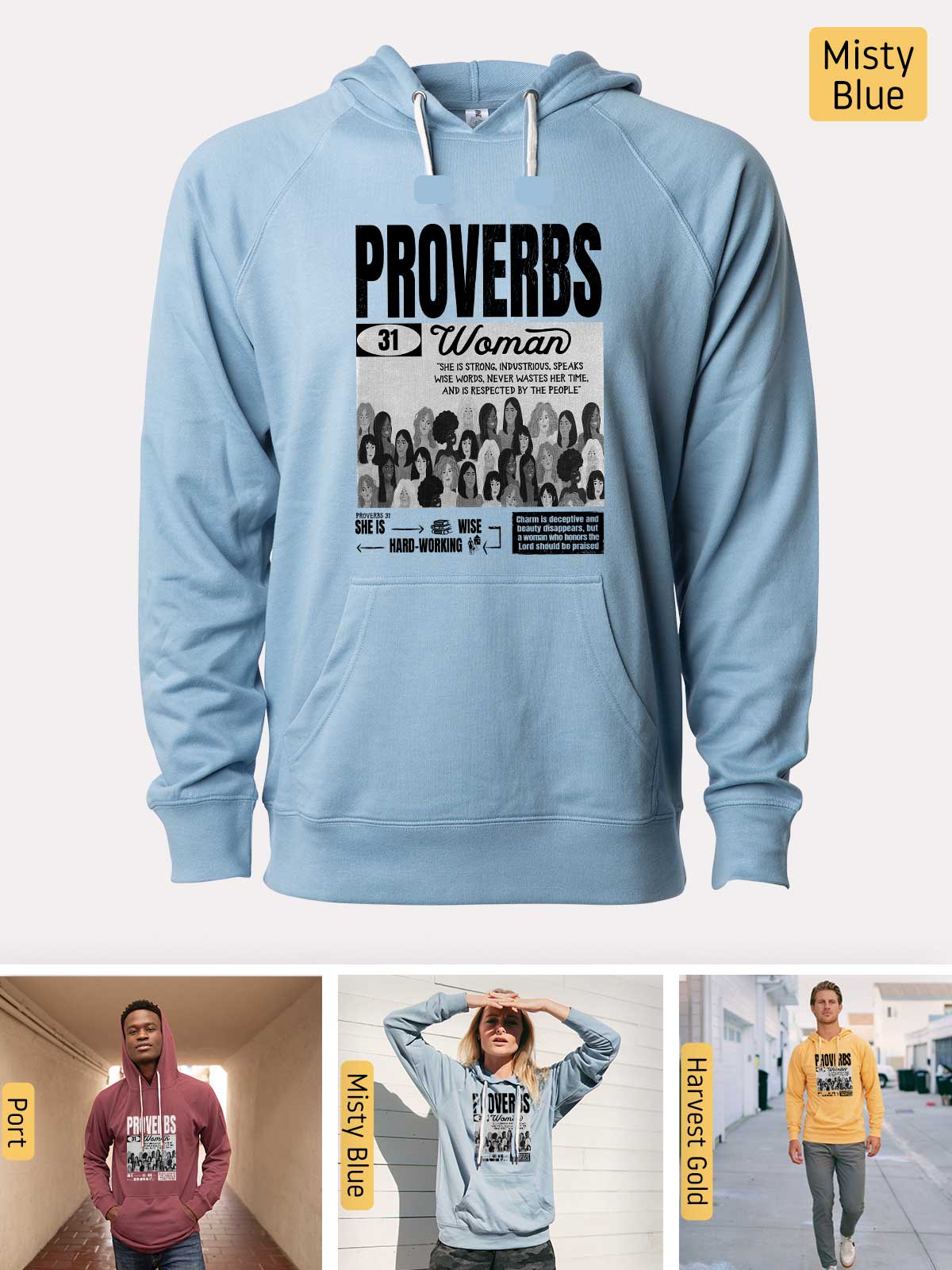 a blue hoodie with a picture of a woman on it