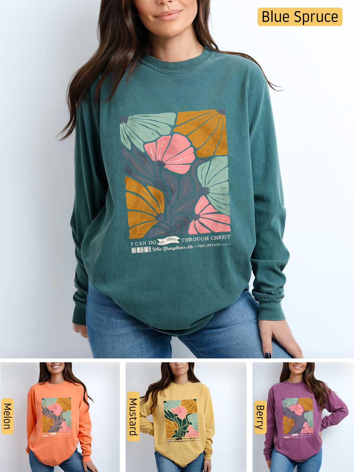 a woman wearing a sweatshirt with a tree on it