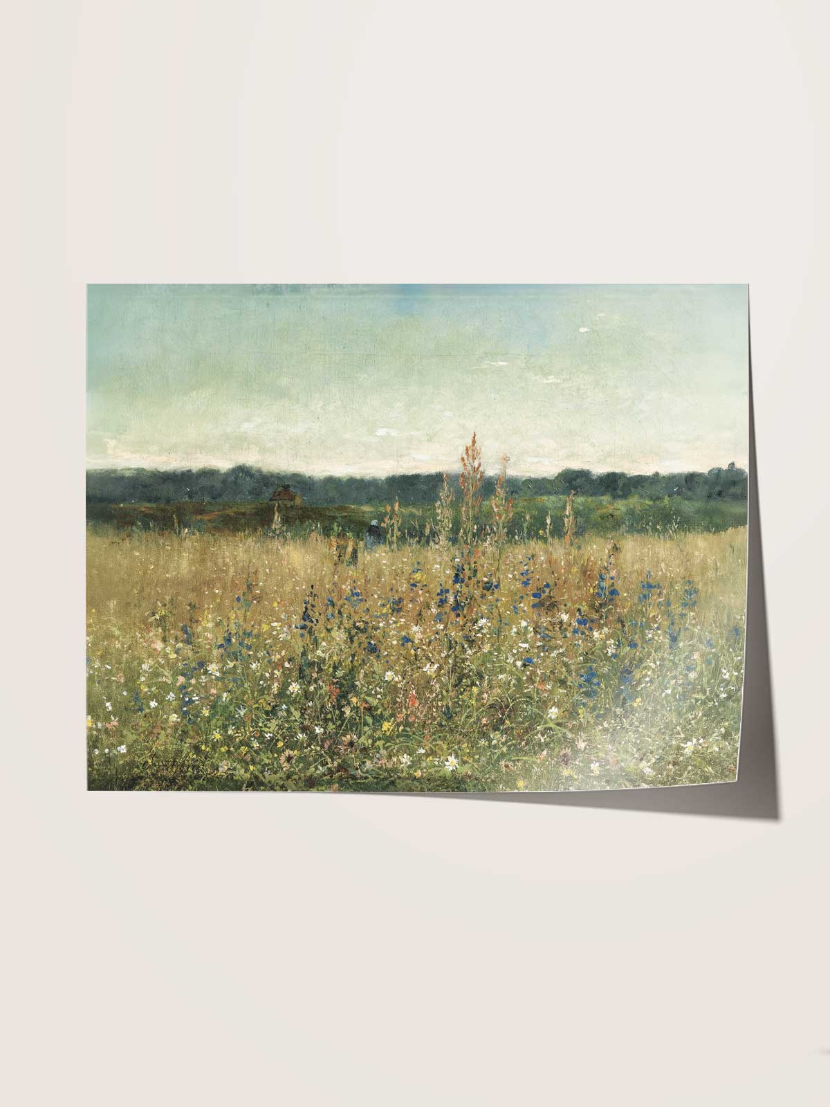 A painting depicting a field of tall grass and wildflowers, with a blue sky in the background.