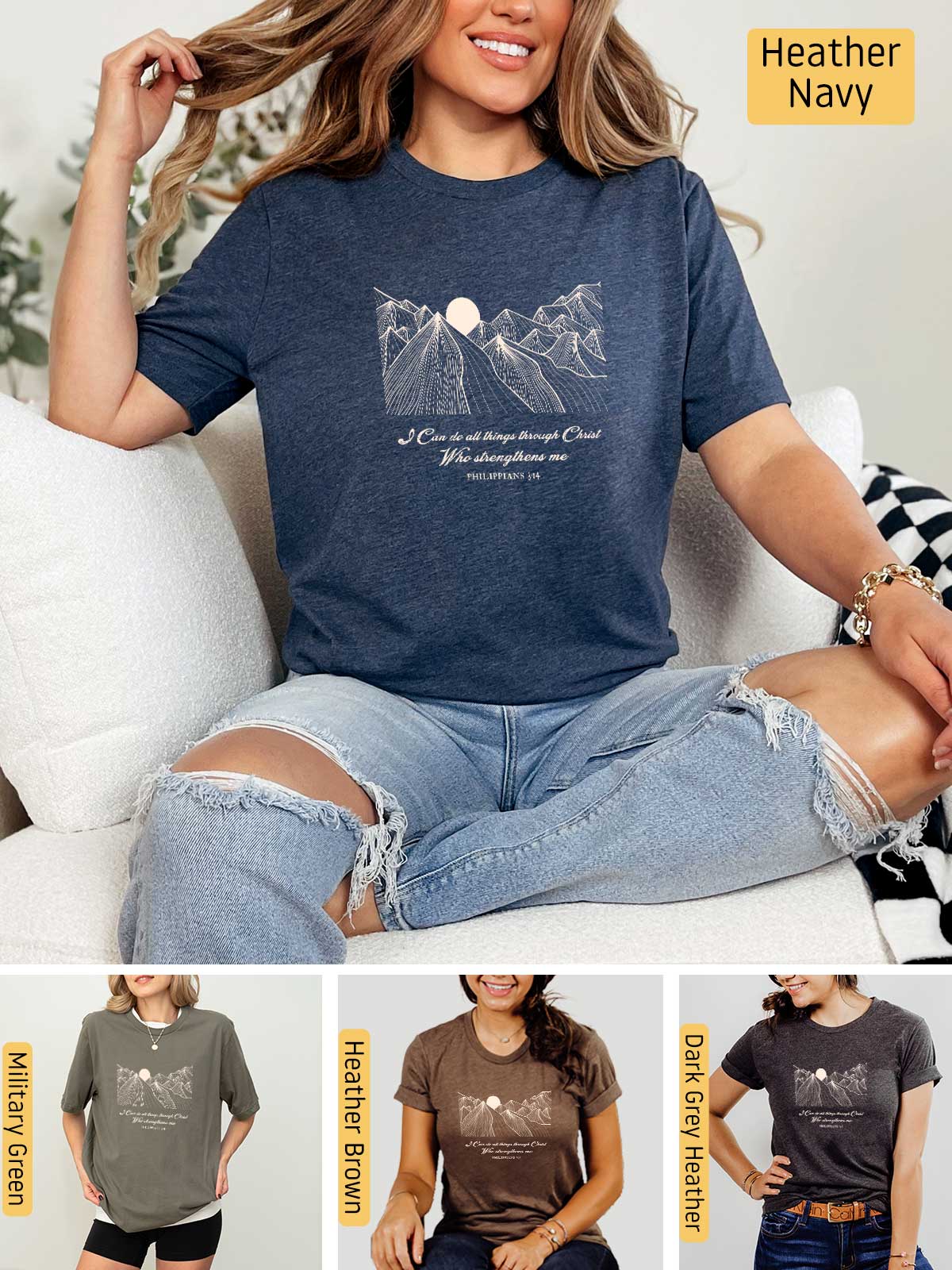 a woman sitting on top of a couch wearing a t - shirt