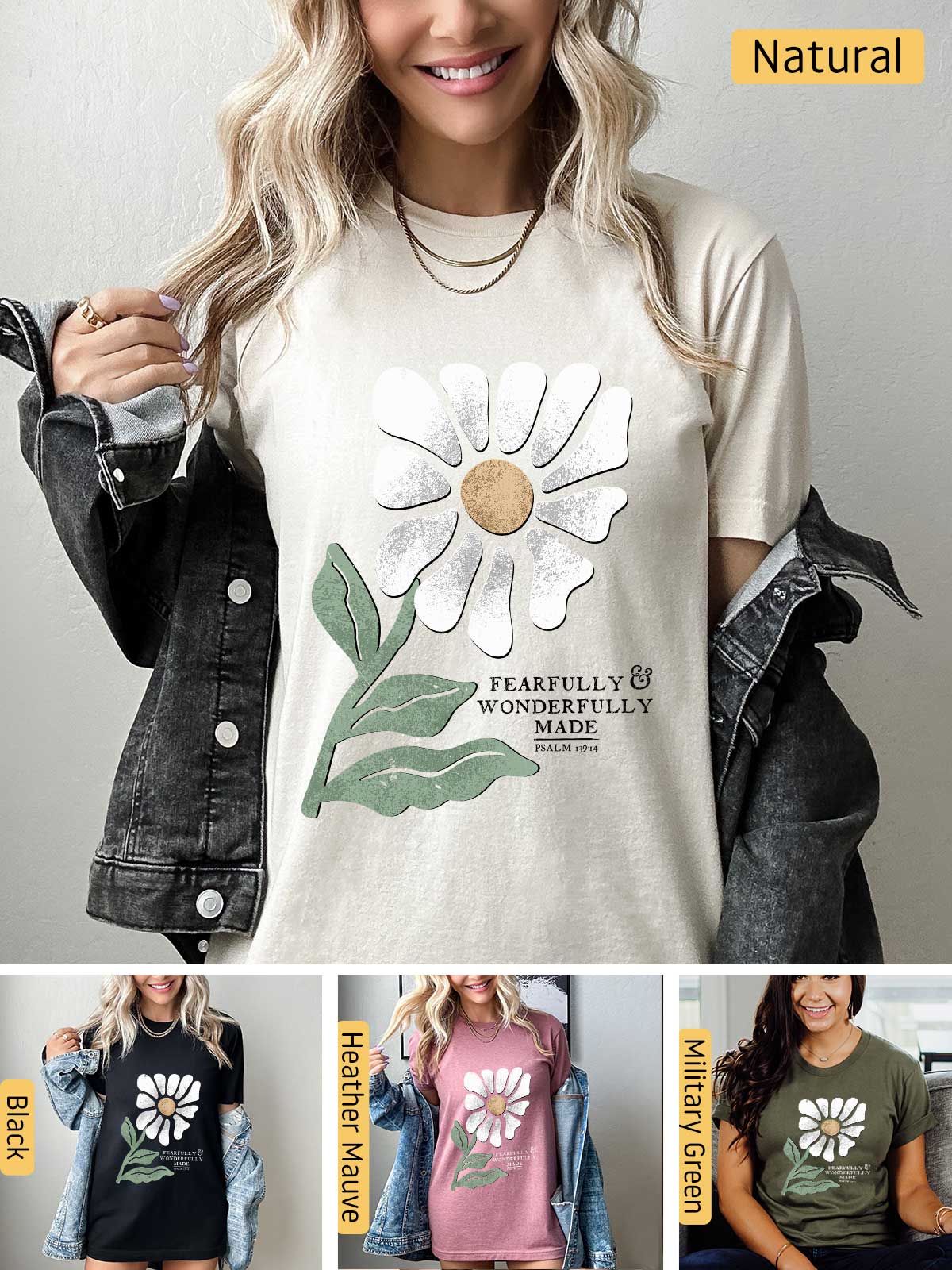 a woman wearing a t - shirt with a flower on it