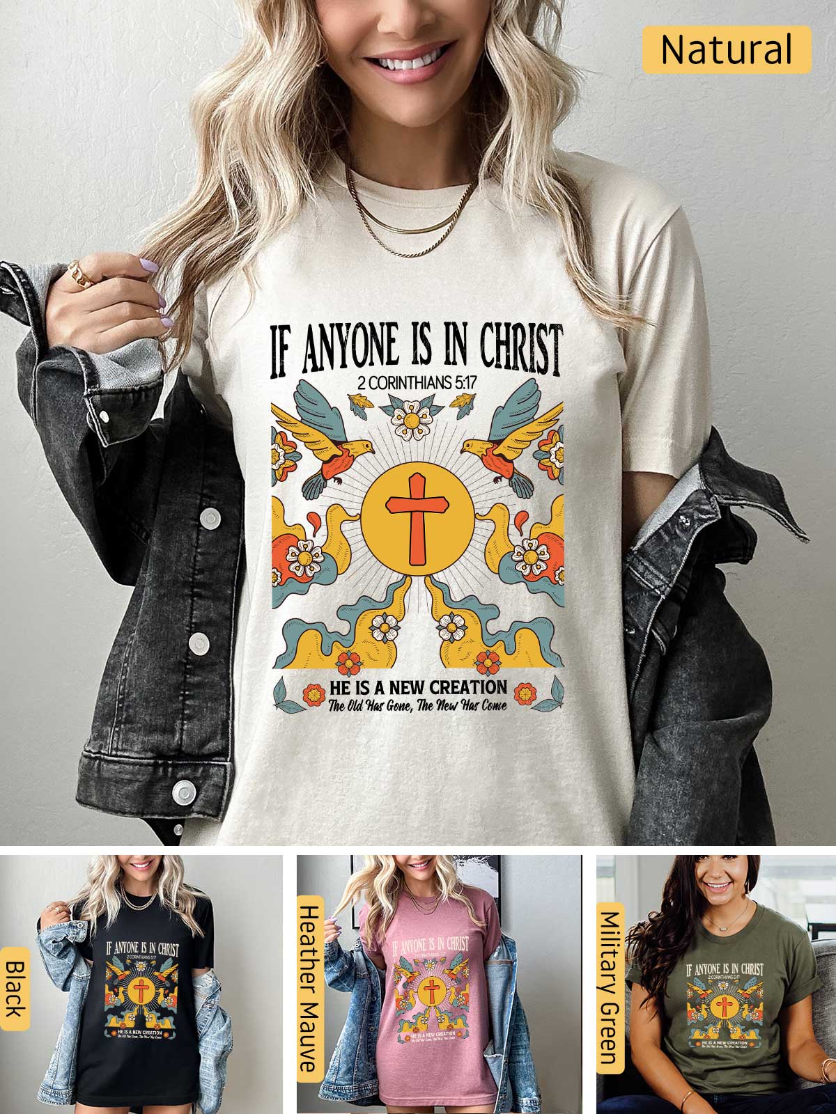 a woman wearing a t - shirt that says if anyone is in christ he is