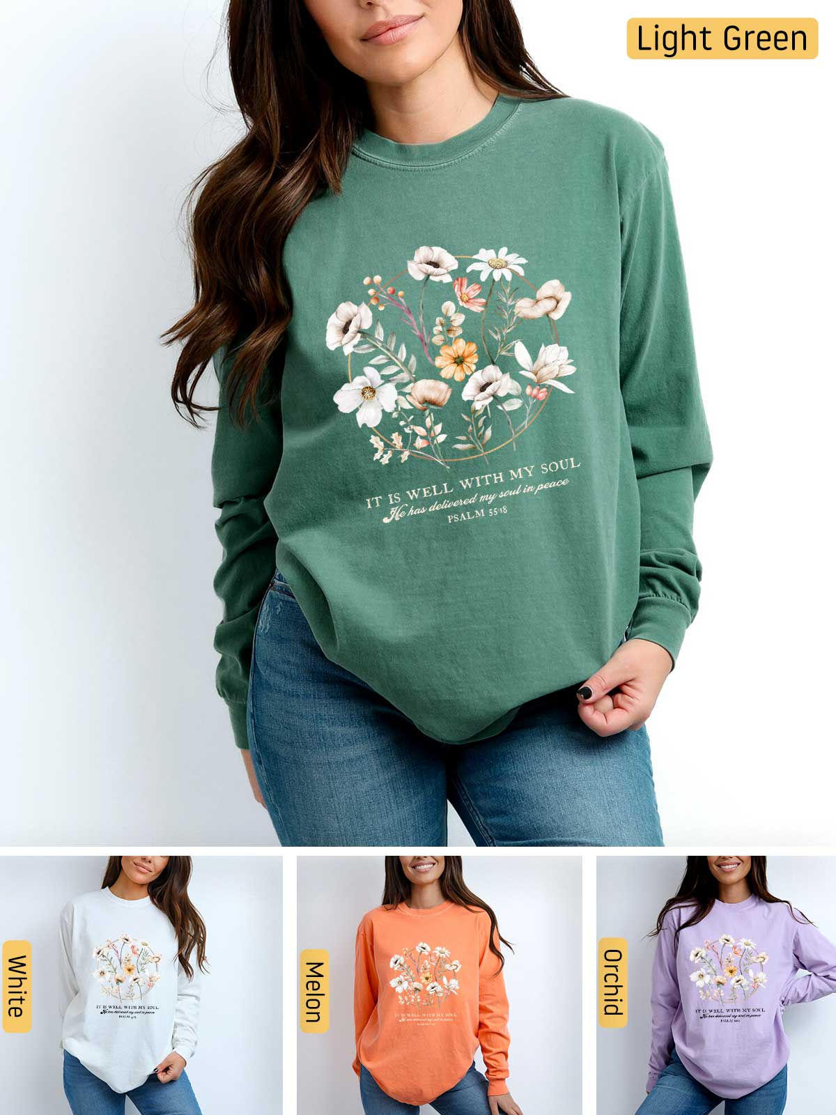 a woman wearing a sweatshirt with flowers on it