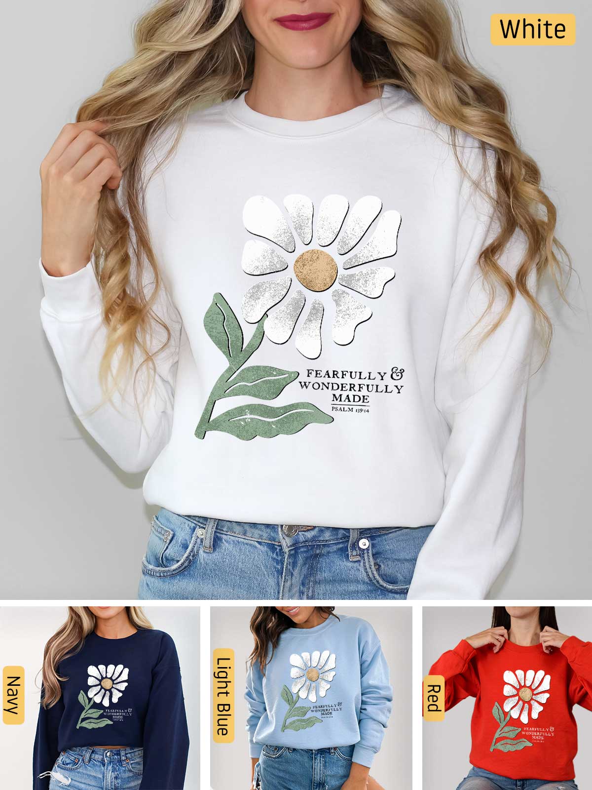 a woman wearing a sweatshirt with a flower on it