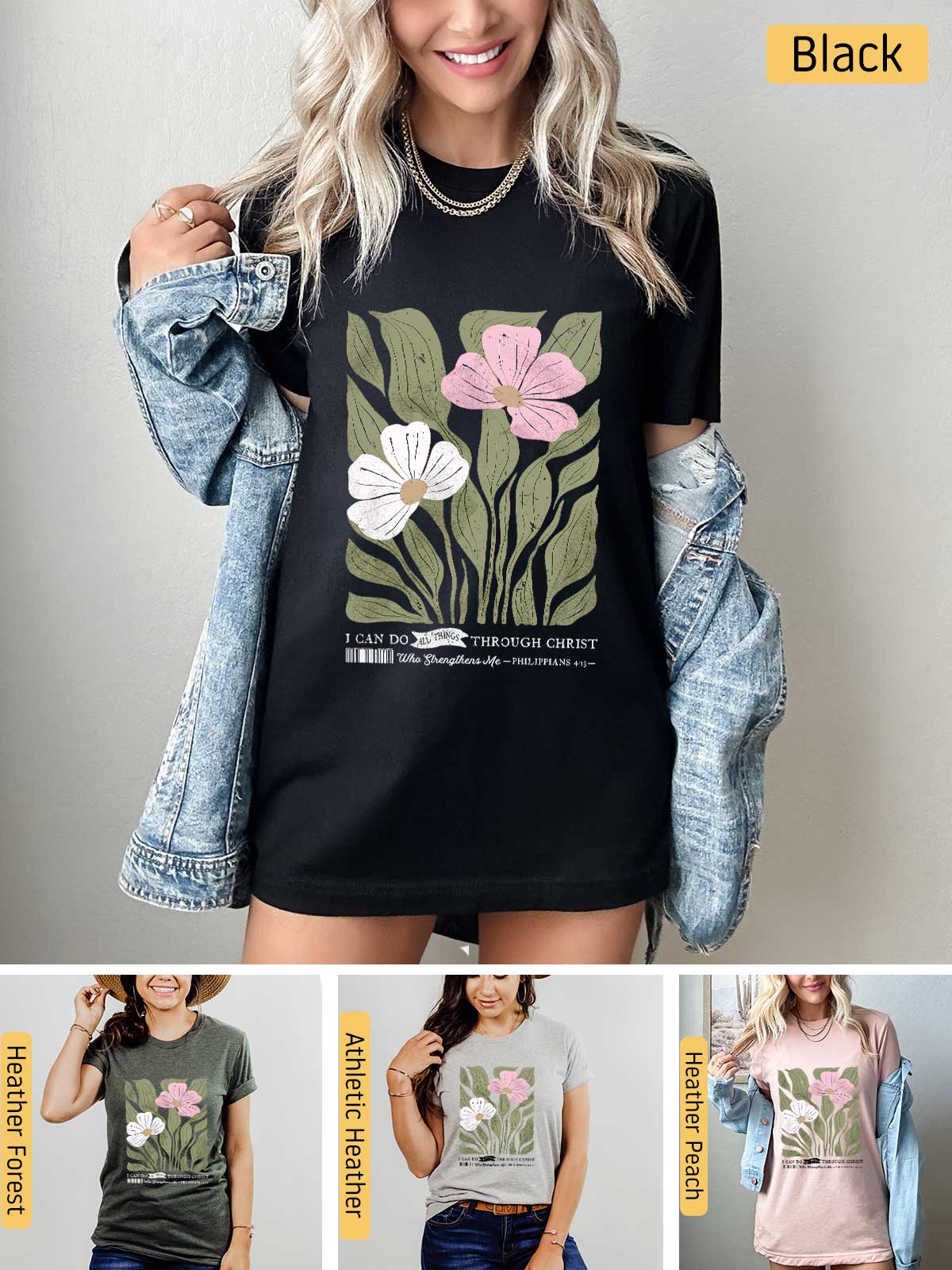 a woman wearing a t - shirt with flowers on it